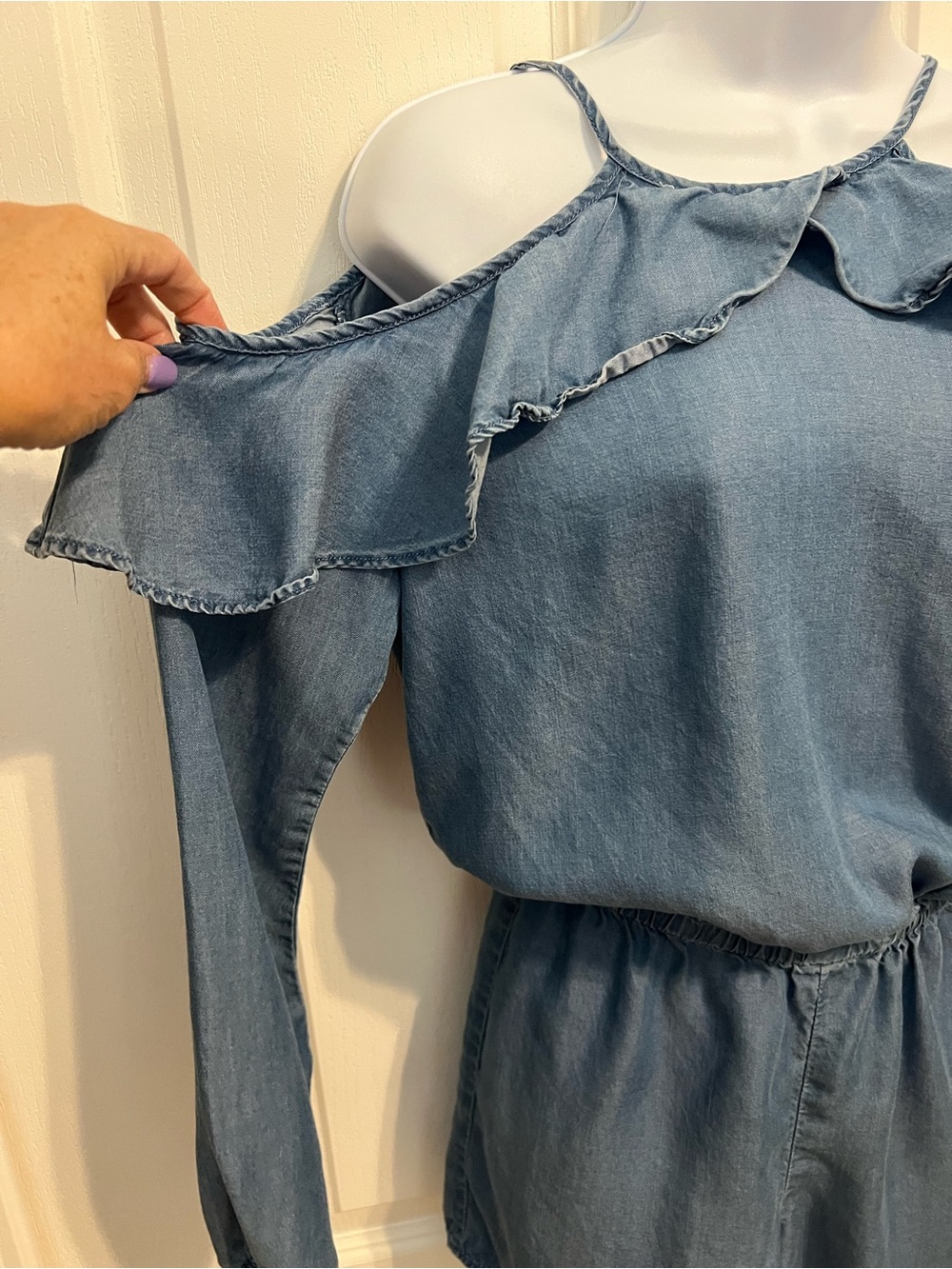 Michael Kors Light Blue Denim Cold-Shoulder Romper